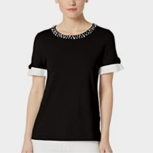 Karl Lagerfeld Short sleeve sweater with pearl and ruffle accents